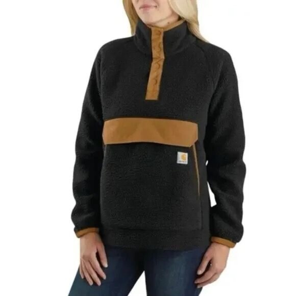 Carhartt Quarter Snap Fleece Pullover S Black Tan Relaxed Fit Jacket Teddy Women - Picture 2 of 6